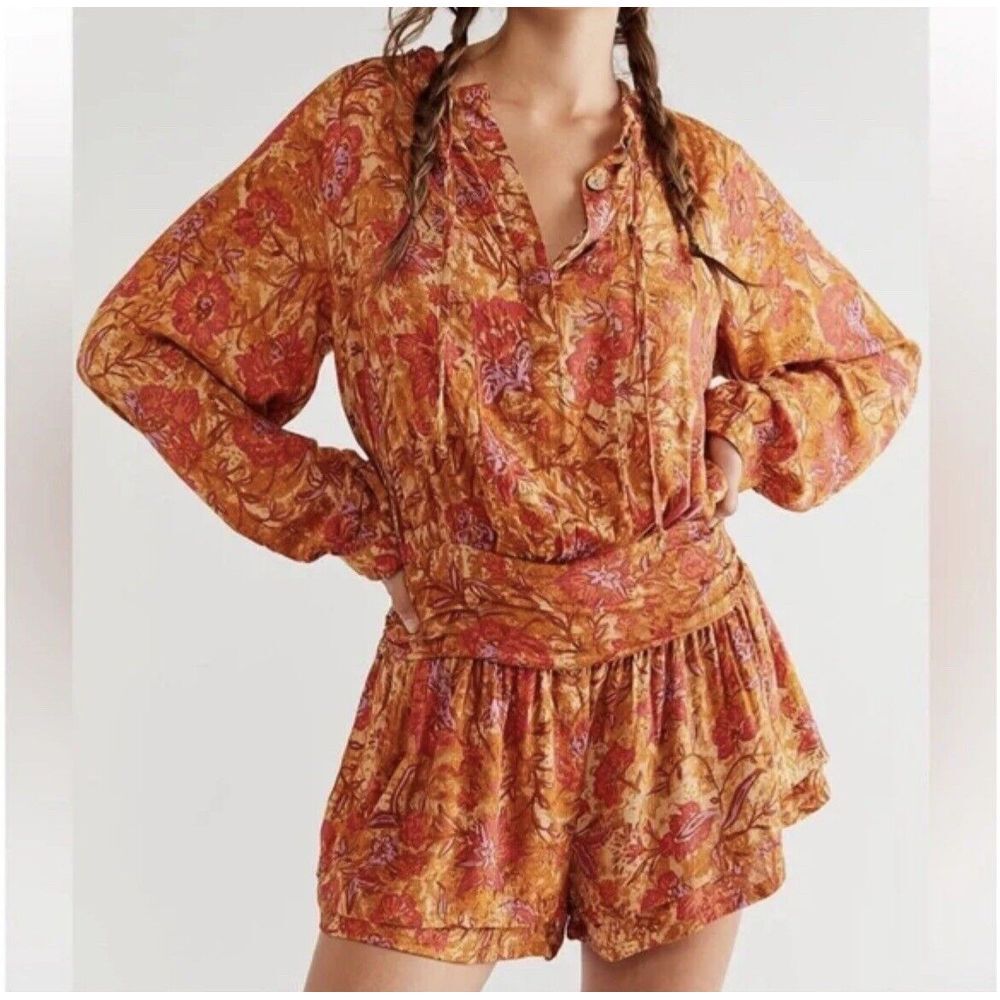 Free People Orange Dance Til Dawn Romper Size Women's XS Ruffled Tie Up Romper